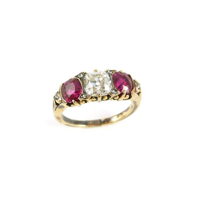 Late 19th century diamond and Burma ruby three stone ring | MasterArt